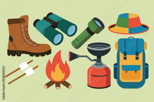 Flat design illustration of camping gear including a boot binoculars flashlight hat stove and backpack