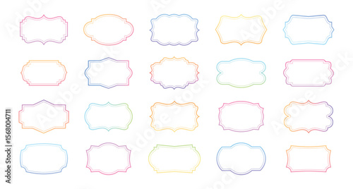 Colorful label frame. Retro unicorn gradient border. Ornate kids emblem templates. Cute color gradients badge. Abstract child shape frames in rainbow color. Picture border. Vector set