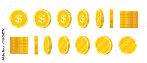 Cartoon golden coins. Rotating coin in various positions. Flat money icons for finance and game design. Metal coins falling, spinning, tilted, variety views for animation. Vector set
