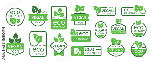 Eco-friendly stickers. Green leaf labels. Ecologic patch, organic stamps, environmental tag. Natural food products badges. Vegan food packaging. Green plant lifestyle vector set
