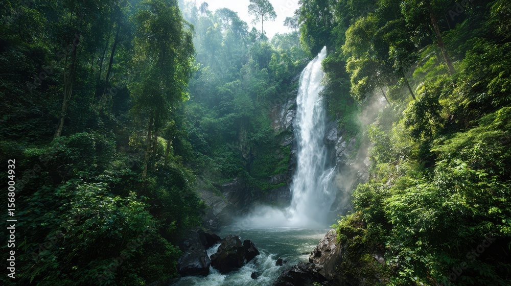 Fototapeta premium Majestatyczny wodospad spływający kaskadami po skałach otoczonych bujną, zieloną roślinnością tropikalną w mglistej pogodzie