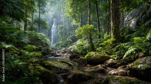 Lush green foliage including ferns surrounds a rocky stream with waterfall in a dense vibrant forest