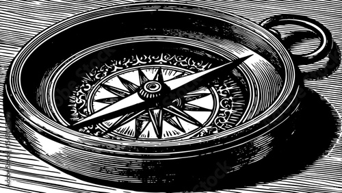 A vintage compass with north needle and ornate engraving, perfect for travel posters, adventure branding, or explorer themes a black and white line art illustration