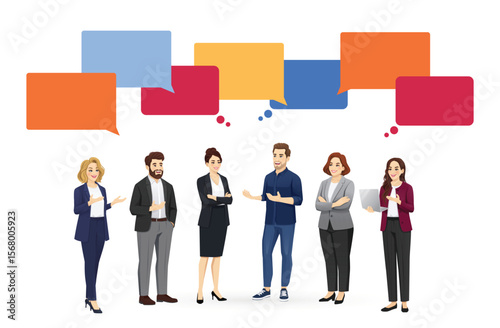 Teamwork and collaboration concept. Group of business people talking discussing about something standing together with speech bubbles. Isolated vector illustration