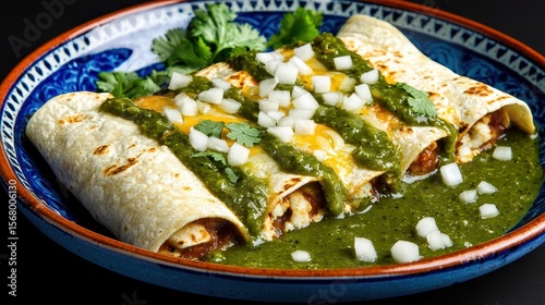 Enchiladas suizas with green tomatillo salsa and fresh cilantro garnish on traditional blue ceramic plate