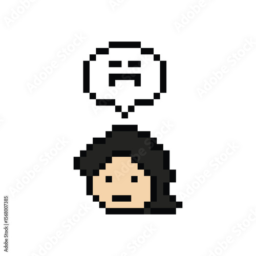 Pixel cartoon 8bit character man feel sad tired mood stress sick unhappy stress depressed feel decoration 8 bit male boy bored feel 8bit isolated PNG vector.