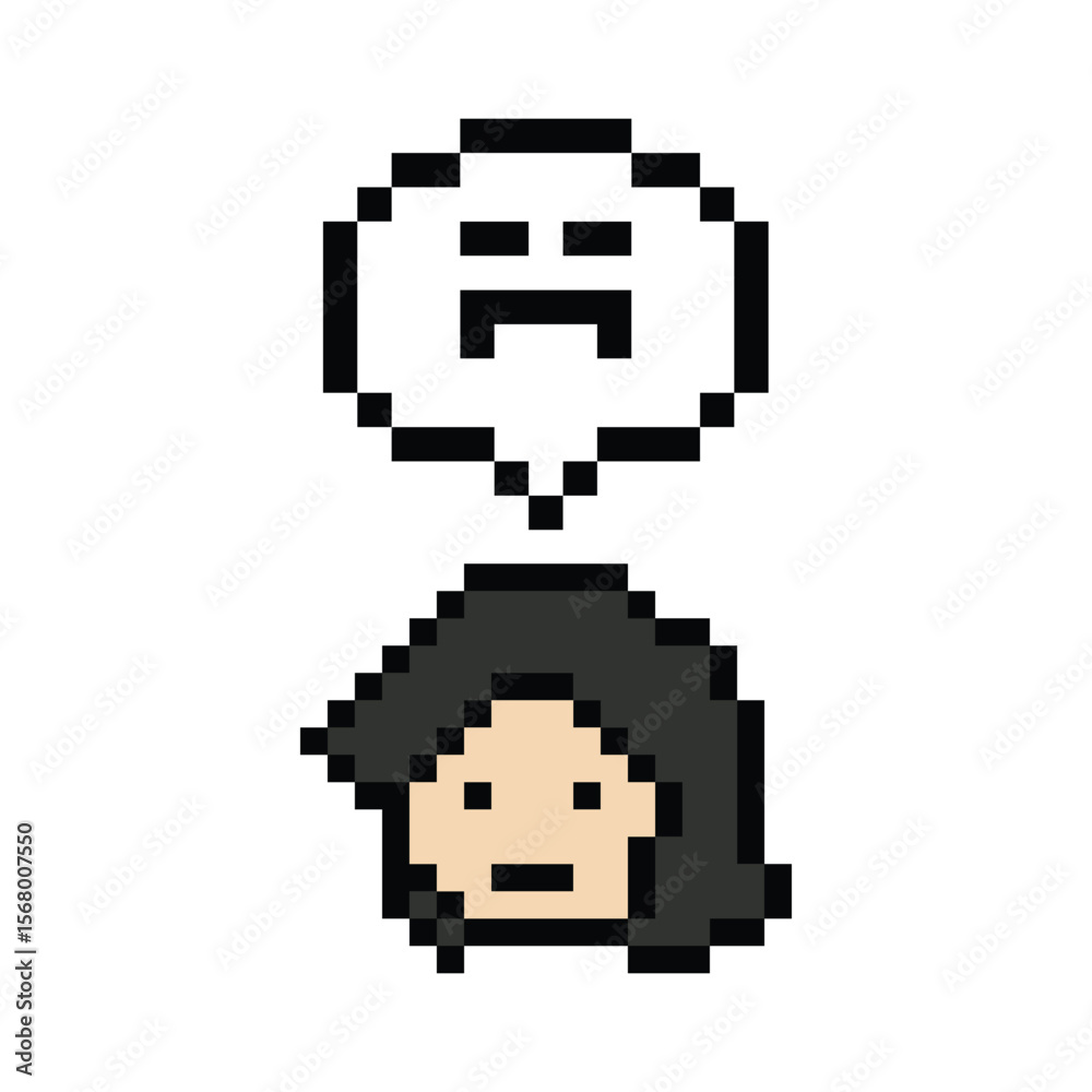 Fototapeta premium Pixel cartoon 8bit character lady woman feel sad tired mood stress sick unhappy stress depressed feel decoration 8 bit female girl bored feel 8bit isolated PNG vector.