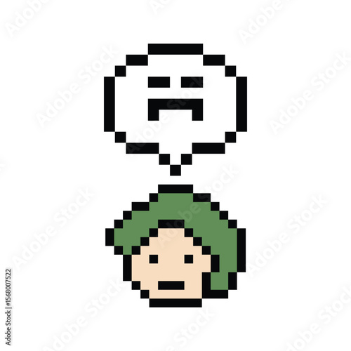 Pixel cartoon 8bit character man feel sad tired mood stress sick unhappy stress depressed feel decoration 8 bit male boy bored feel 8bit isolated PNG vector.