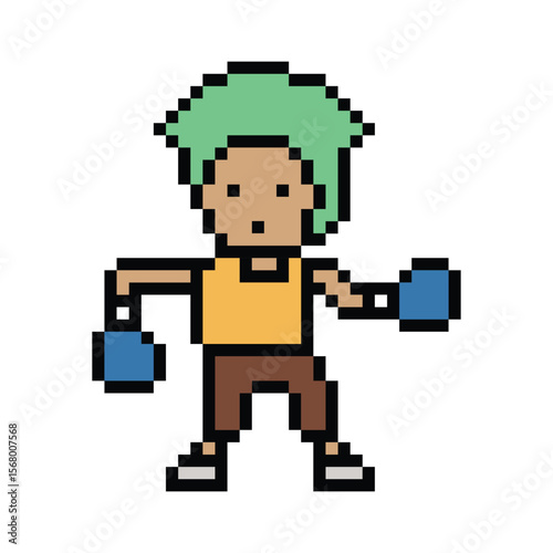Cartoon cute pixel character man exercises training boxing pugilism punch lifestyle decoration life style 8 bit male boy boxing fisticuffs gym game 8bit fitness isolated PNG vector.