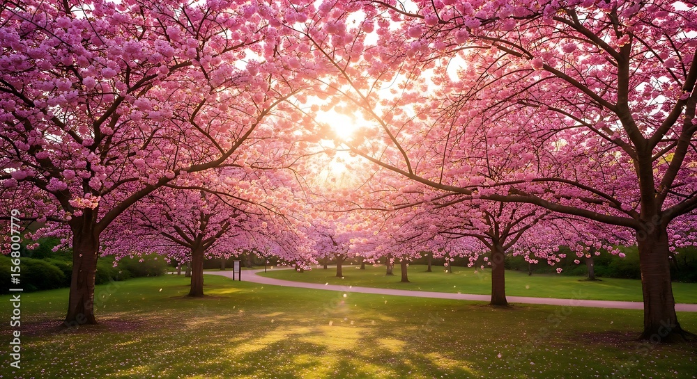 Naklejka premium Pink blossoms grace majestic trees in an inviting park on a radiant spring day, offering a tranquil scene.