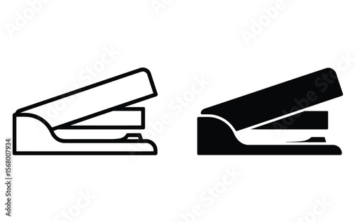 A minimalist icon design showing two versions of a stapler