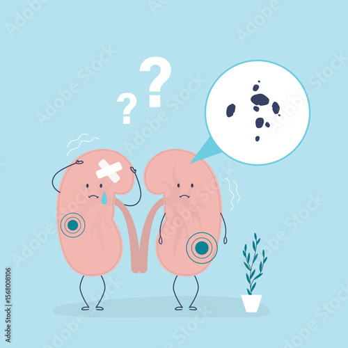 Kidney stone disease. Human kidneys anatomy inside and outside. Unhappy internal organ mascot characters. Medical concept of diseased urinary system. Kidney infection, stones