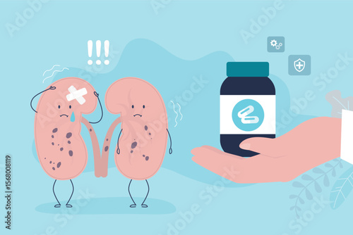 Kidney stone disease. Internal organ mascot character asks for help. Doctor hand give vial with drugs for human kidneys. Medical concept of diseased urinary system.