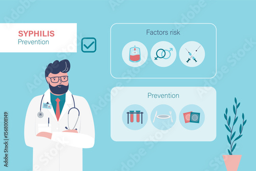 Syphilis prevention and factors risk. Genital herpes symptoms. Infectious dermatology disease. Doctor venereologist presenting medical infographic for sick people.