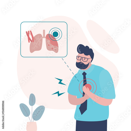 Sick man, Tuberculosis symptoms. Fever, chills, loss of appetite, chest pain, coughing up blood. Sickness lungs. Health care concept.