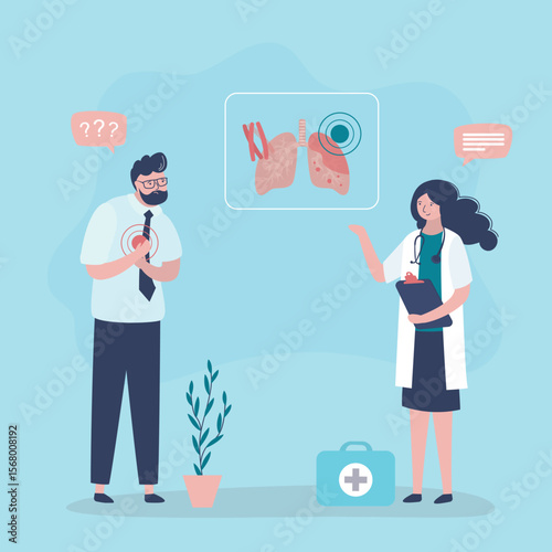 Sick man talking phthisiatrician doctor about tuberculosis symptoms. Fever, chills, loss of appetite, chest pain, coughing up blood. Sickness lungs. Health care concept