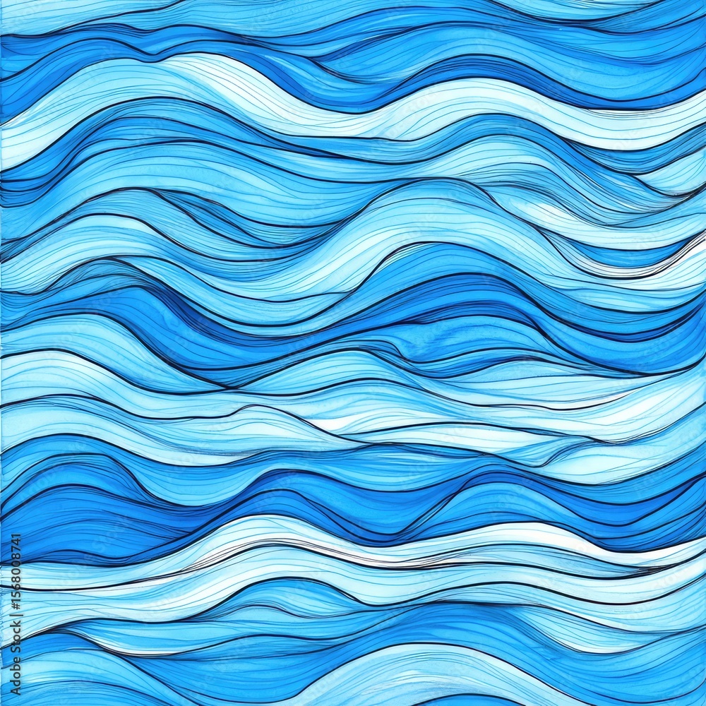 Fototapeta premium Watercolor Wave Texture Vector, Blue White Gradient Curve Pattern for Ocean Themes, Decorative Backgrounds, Fashion Design