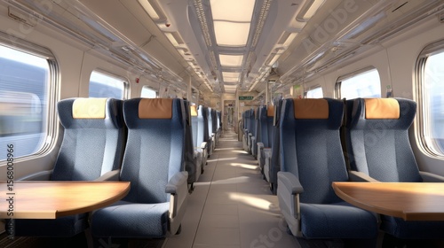 An interior view of a high-speed train cabin, showing rows of comfortable seats, large windows, and passengers relaxing during the journey.