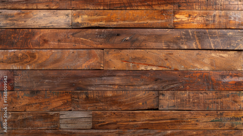 Naklejka premium Rustic brown hardwood background featuring aging lines and weathered texture, perfect for adding warmth and character to any design project. rich tones evoke sense of natural beauty