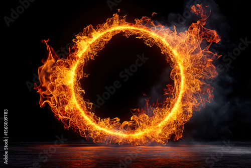 Fiery ring of flames glowing against dark background at night