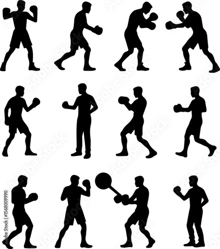 Boxing Silhouettes Set 12 Fighter and Ring Action Icons