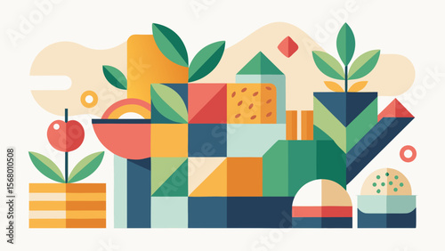 Geometric plants and shapes in a colorful arrangement