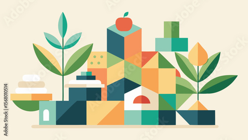 Geometric blocks and plants with an apple on top design