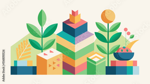 Geometric garden with plants and stacked block shapes