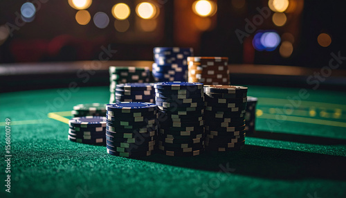 ポーカーチップ – 緑のフェルトに並ぶギャンブルの雰囲気漂う重厚な素材
Stacked Poker Chips on Green Felt – Classic Gambling Ambience