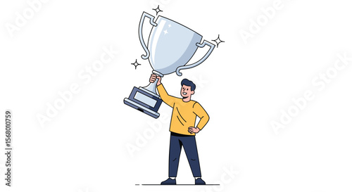Man Holding Up a Large Silver Trophy Celebrating Victory and Achievement in Competition