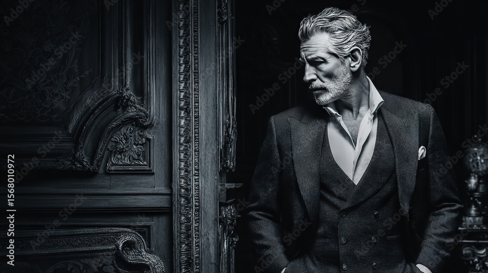 Naklejka premium Stylish mature businessman in classic formal suit with vintage interior in black and white representing elegance and power