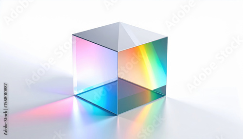 Colorful Glass Cube Prism Reflecting Light on White Background