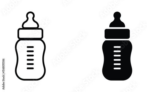 A simple black and white icon illustration of a baby bottle