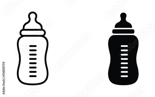 A simple black and white icon illustration of a baby bottle