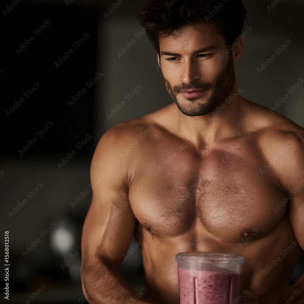 Fototapeta premium Fit man mixing protein smoothie in at home