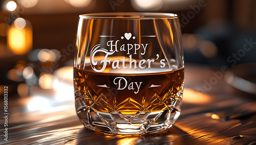 a crystal glass filled with amber whiskey resting on a wooden table, elegant etched text on the glass reads 