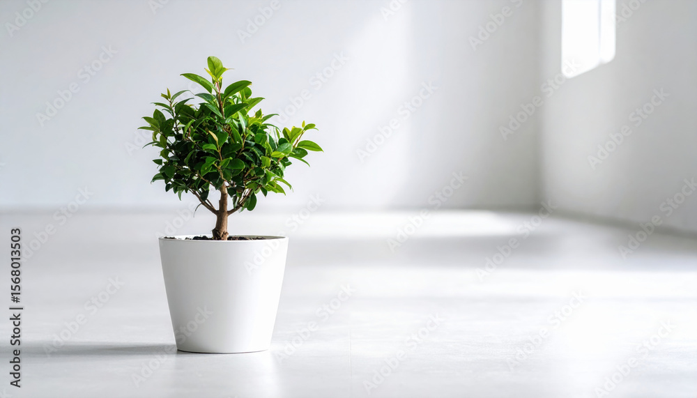 Fototapeta premium Small Green Plant in Modern White Pot Against Minimalist Interior