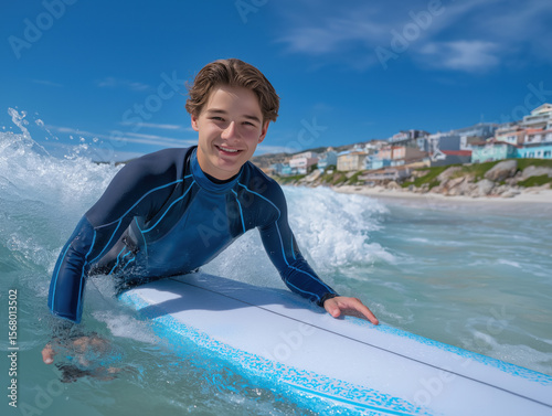 Young male surfer in a blue wetsuit rides a wave on a surfboard, showcasing skill and excitement in a vibrant ocean setting with coastal buildings in the background