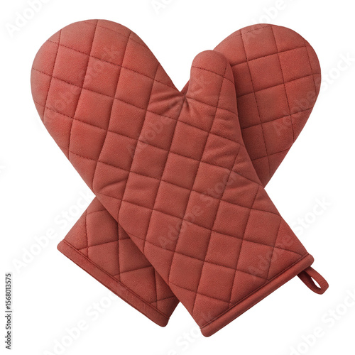 Red quilted oven mitts arranged in a crossed position isolates on a transparent background