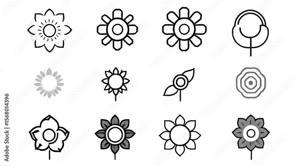 装飾ラインフラワーアイコン｜Decorative Line Flower Icons