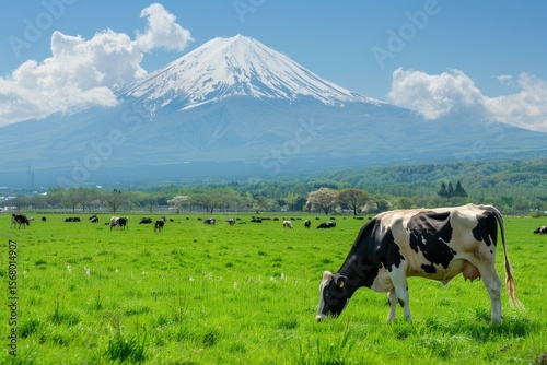 Cows Eating Lush Grass on the Green Field in Front of Fuji Mountain,Japan
