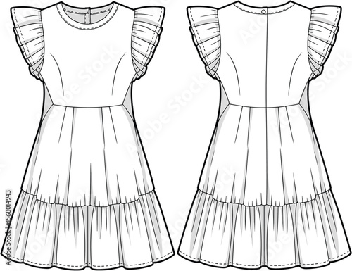 Stylish White Ruffled Sleeve Tiered Dress for Girls and Women: Trendy Fashion Apparel Design Illustration