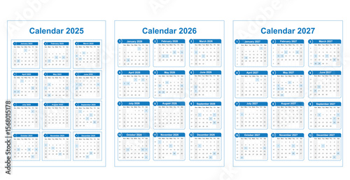 Set of calendars for 2025, 2026, 2027 and 2028 on a white background