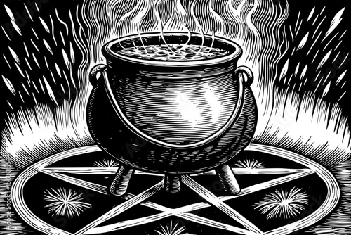 A witch's cauldron bubbling over with magic symbols around, great for Halloween designs, fantasy projects, or tarot branding a black and white line art illustration