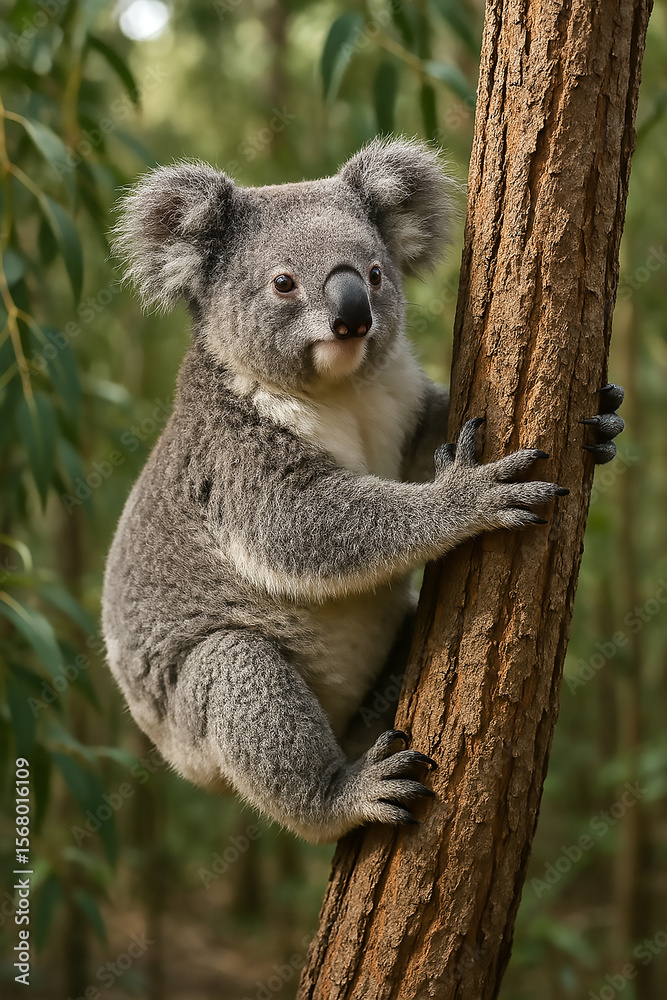 Obraz premium Realistic Koala Climbing a Tree in Australian Forest