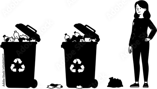 Woman standing next to large trash bin
