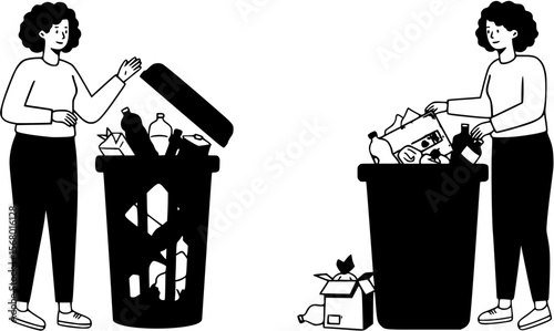 Woman standing next to large trash bin
