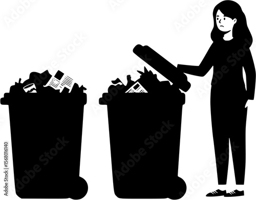 Woman standing next to large trash bin
