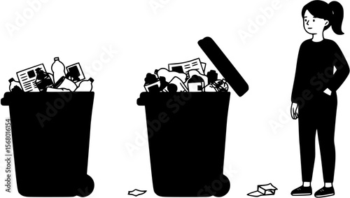 Woman standing next to large trash bin
