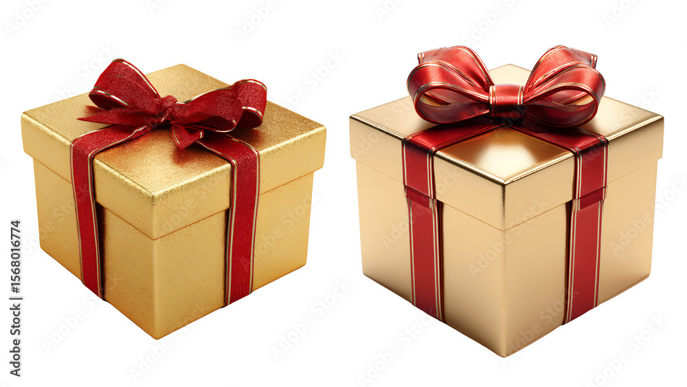 Fototapeta premium Two Elegant Golden Gift Boxes with Red Ribbons Isolated on White Background – Holiday Present Package Clipart